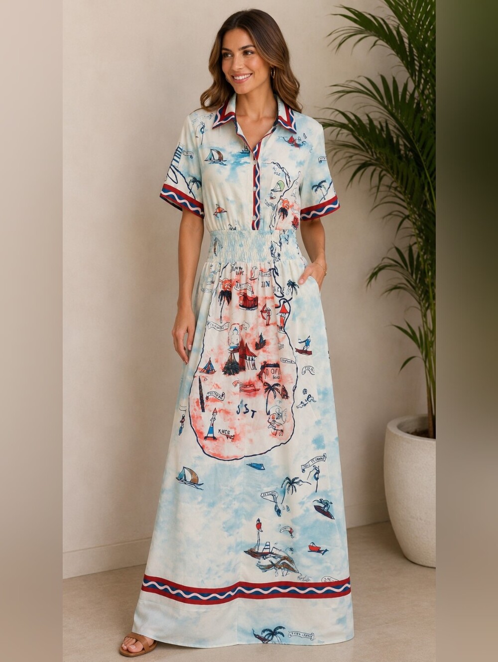 Halfheart Women’s Blue & Coral Map-Print Shirtdress Long PTP 19 Length 60